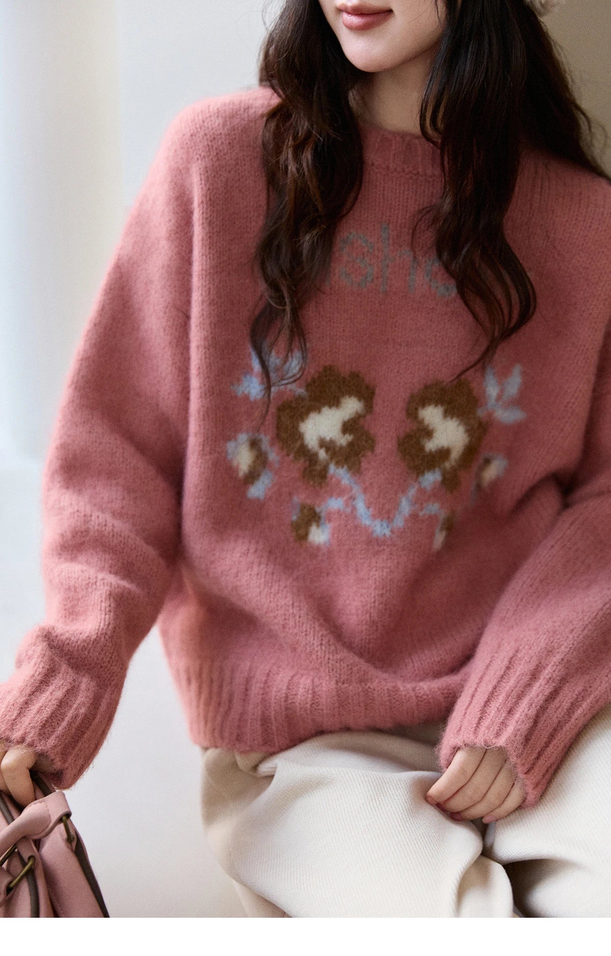 Mishow Pink Jacquard Crew Neck Pullover MXE91Z2831