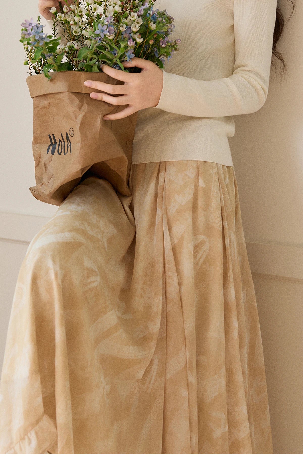 MISHOW Women's Beige Chiffon Maxi Skirt 2026 Spring Floral Print High Waist Ruffled Asymmetrical Casual Long Skirts MXF11B2463