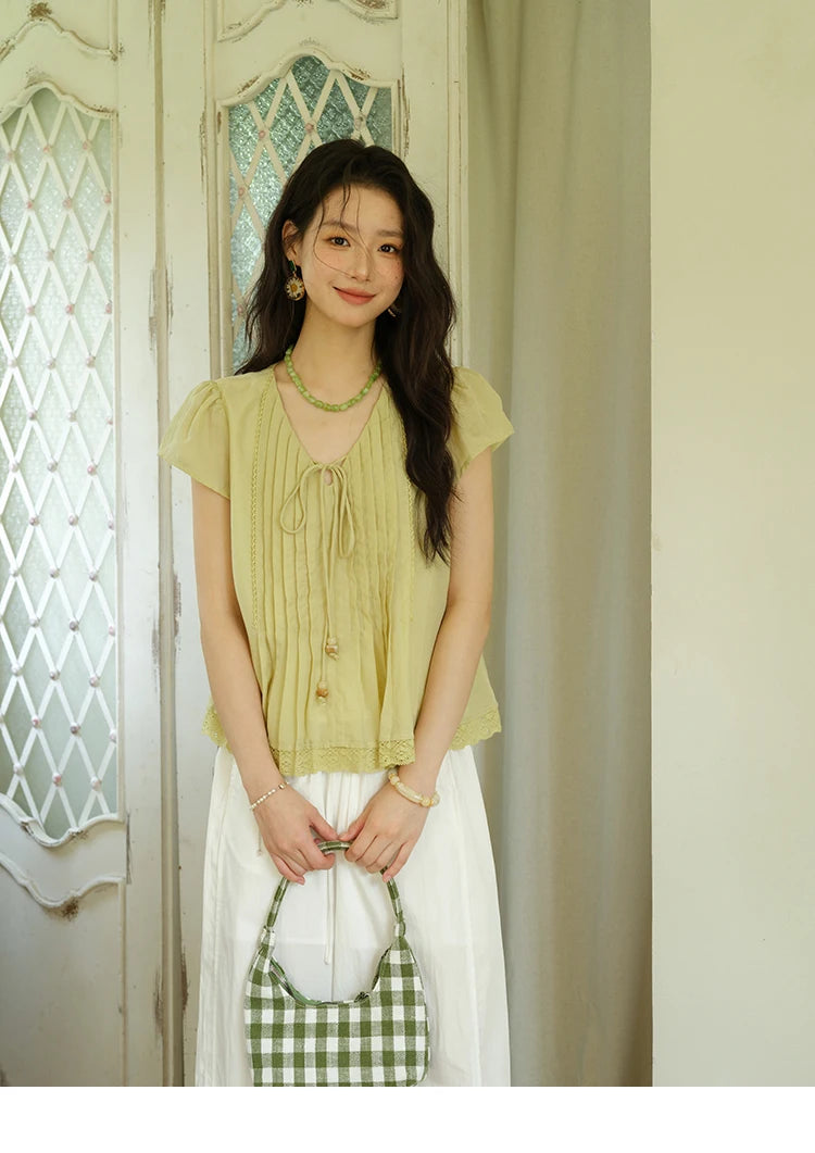 MISHOW V-Neck Lace Up Blouse Flying Sleeve Lace MXE37X1855
