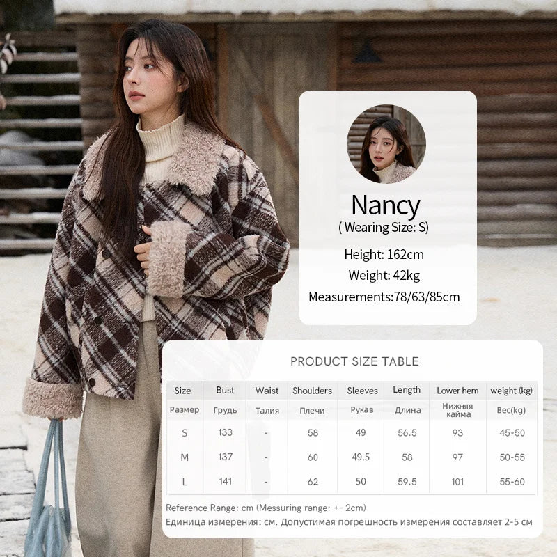MISHOW Woman Jacket 2025 Autumn Winter Loose Retro Plaid Turn-down Collar Short Jacket Commute Warm Wool Blend Coat MXE89W0904