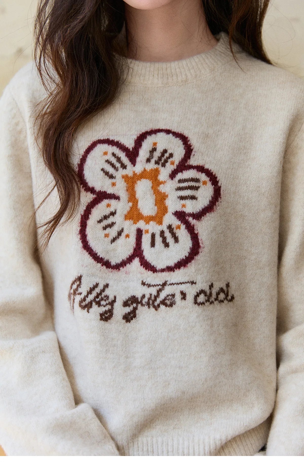 MISHOW Women's Beige Knitted Sweater 2025 Winter Flower Pattern Letter Print Tops O-neck Loose Warm Pullover Sweater MXE91Z2869