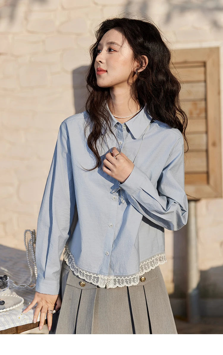 MISHOW Women's 100 Cotton Blue Shirt Spring 2025 Hem Lace Shirt Lapel Collar Commute Top Casual Solid Loose Shirts MXE12C0410