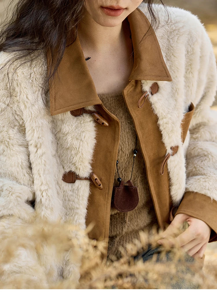 MISHOW Lamb Wool Short Jacket Women Ox Horn Button 2024 Fall Winter New Fashion Warm Loose Splicing Suede Top MXD36W0504