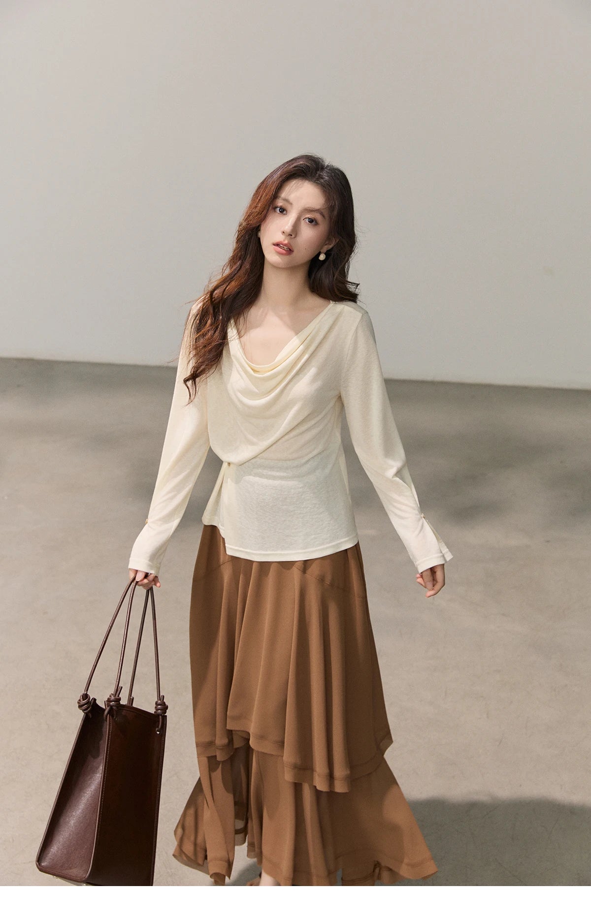 MISHOW Women's Multi Colored Knitted Top 2026 Spring Swinging Collar Flare Sleeve Top Side Twist Whist Casual T-Shirt MXF13T1473