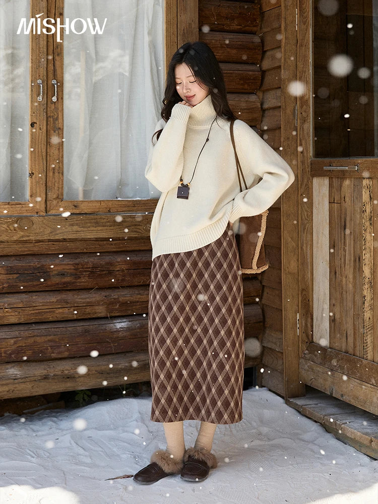 MISHOW Women's Brown Plaid Wool Blend Skirt 2025 Winter High Waist Slim A-Line Back Hem Split Back Elastic Midi Skirt MXE94B2461