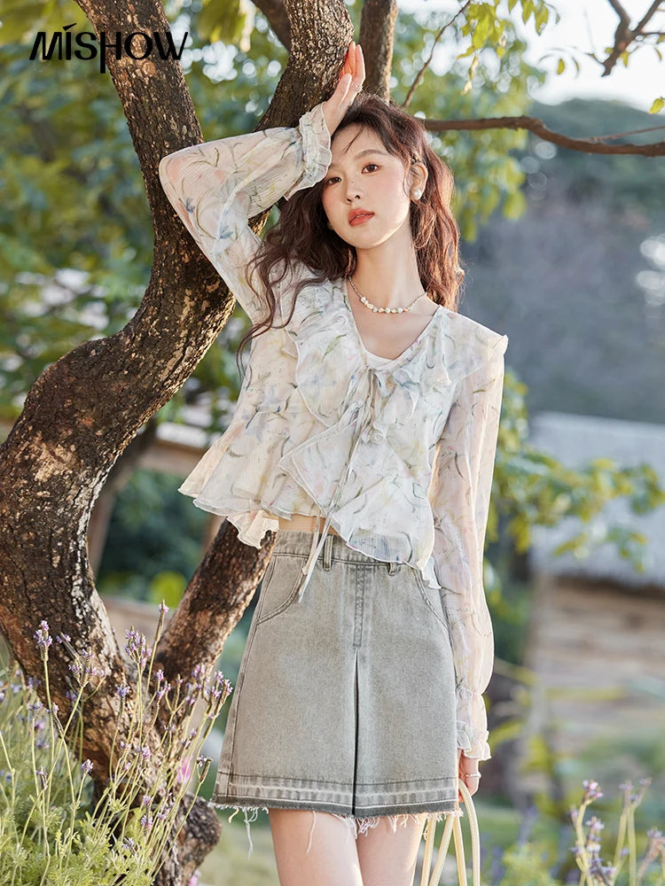 MISHOW Floral Ruffled Edges Blouse with Camisole Set Spring 2025 Loose V-neck Lace-up Chiffon Top Petal Sleeve Blouse MXE13X1718