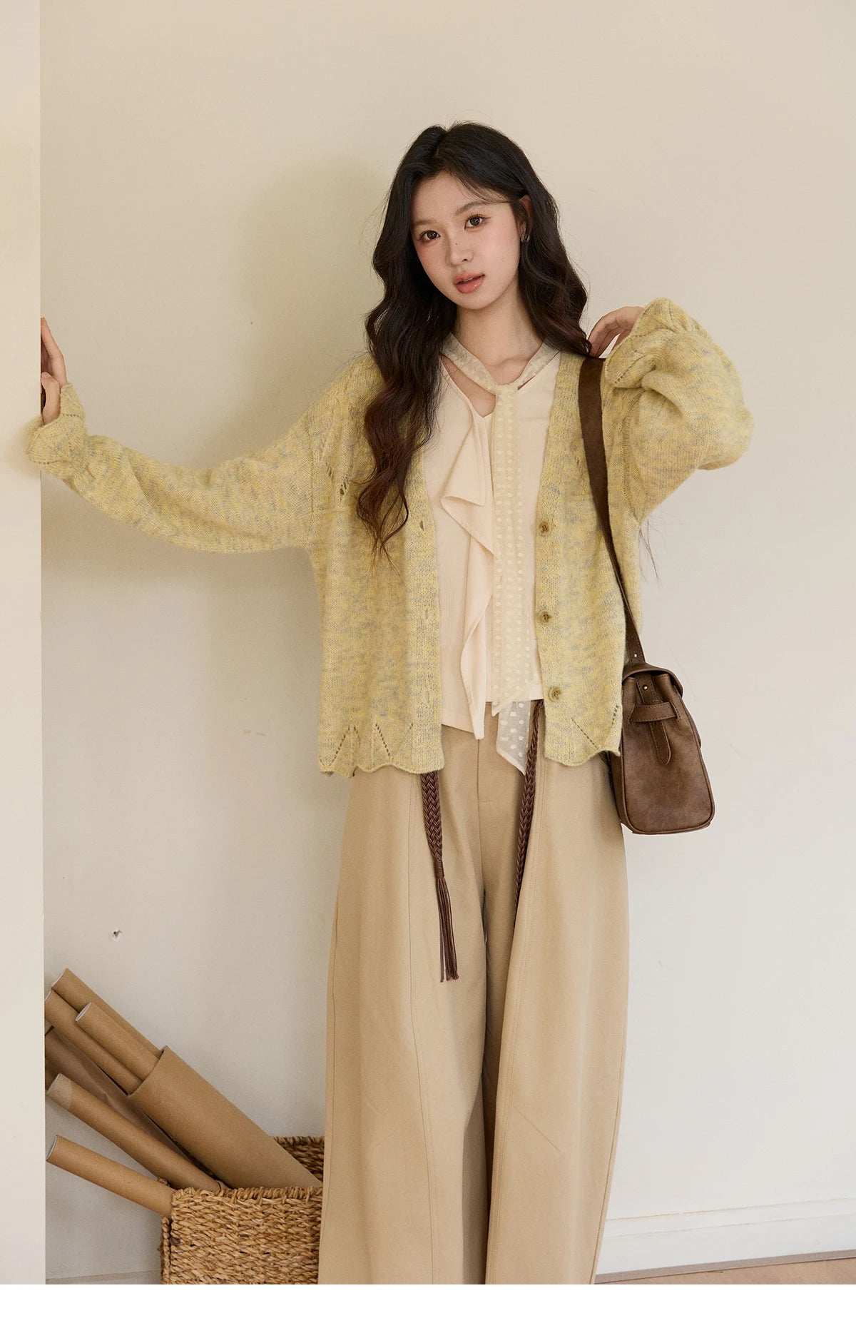 MISHOW Women's V-neck Splicing Lace Ribbon Long Sleeve Tops Spring Ruffled Asymmetrical Hem Flare Sleeve Knitwear MXF108Z1016