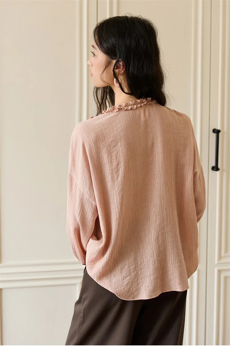 MISHOW Women's Pink Blouse 2025 Autumn Elegant Fold Edge V-collar Bubble Sleeve Top Loose Casual Commute Blouses MXE45X2485