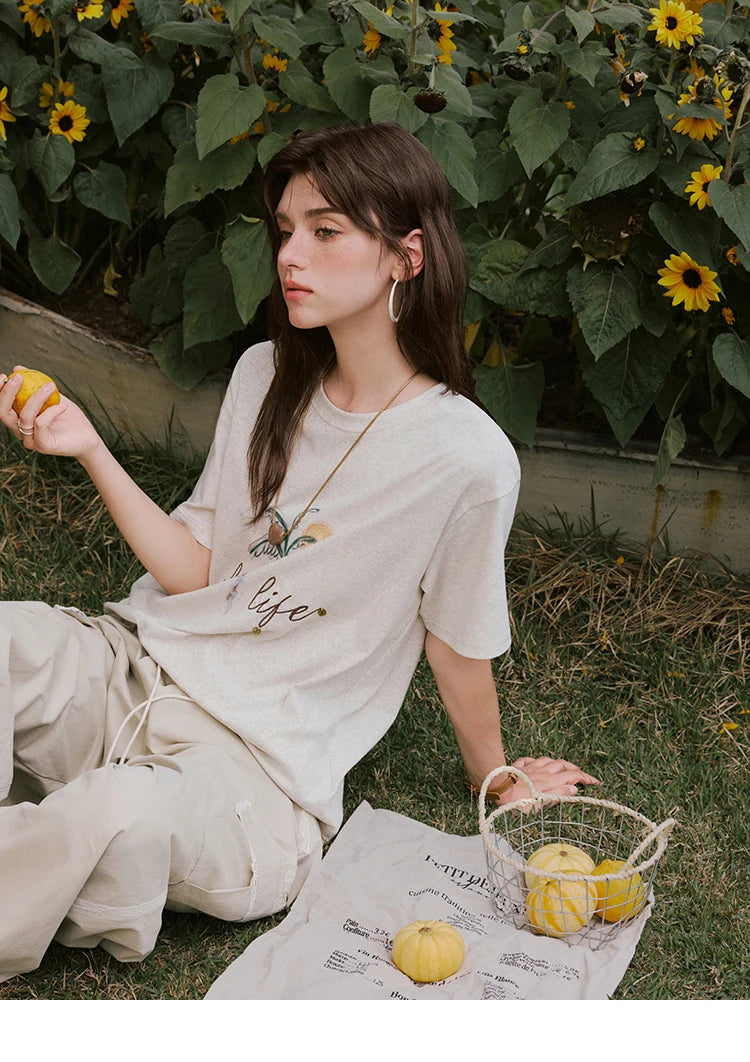 MISHOW Casual Summer Print Shirts Women 2025 Short Sleeve Round Neck Coconut Tree Straight T-shirts Woman Versatile MXE31T0520