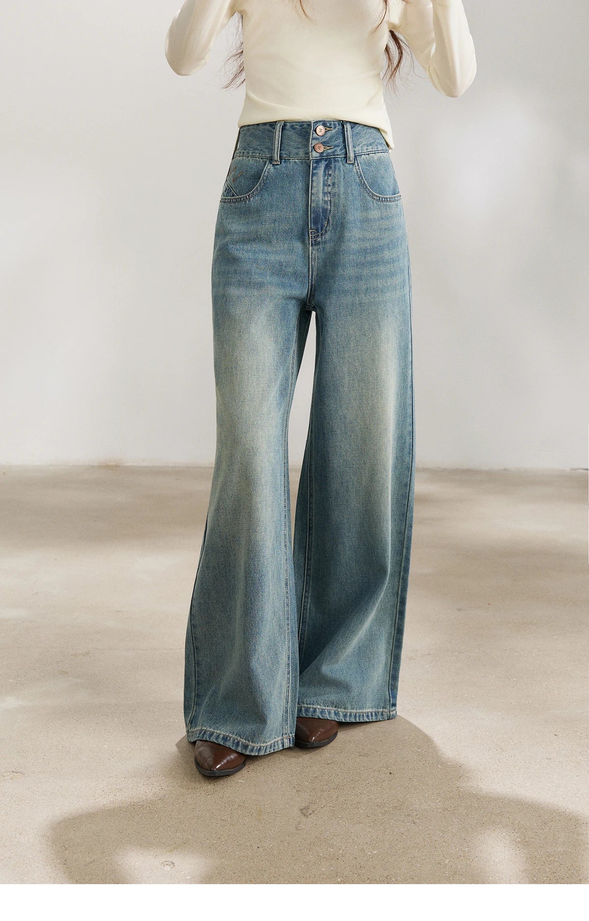 MISHOW Women's Vintage Blue Wide Leg Jeans Spring High Waist Cotton Pants Two-button Loose Casual Denim Trousers MXF108K1005