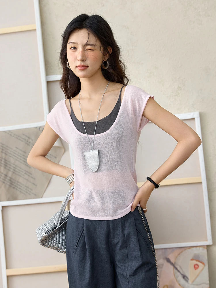 MISHOW Women's Linen Short Sleeve T-shirt 2025 Summer Contrast Color Fake Two-piece Knitted Top Thin Cool Casual Tees MXE36Z1277