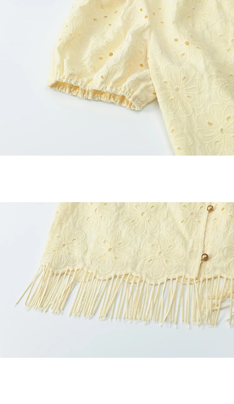 MISHOW Women's Fashion Hollow Out Blouse Summer 2025 Embroidery Puff Sleeve Square Collar Tassel Ladies Casual Top MXE37X1851