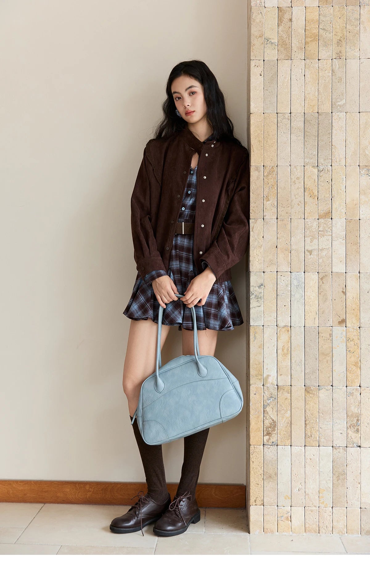 MISHOW Women's Blue Plaid Short Dress 2025 Autumn Retro Turn-down Collar Waist-Cinched Long Sleeve Dress with Belt MXE48L2525