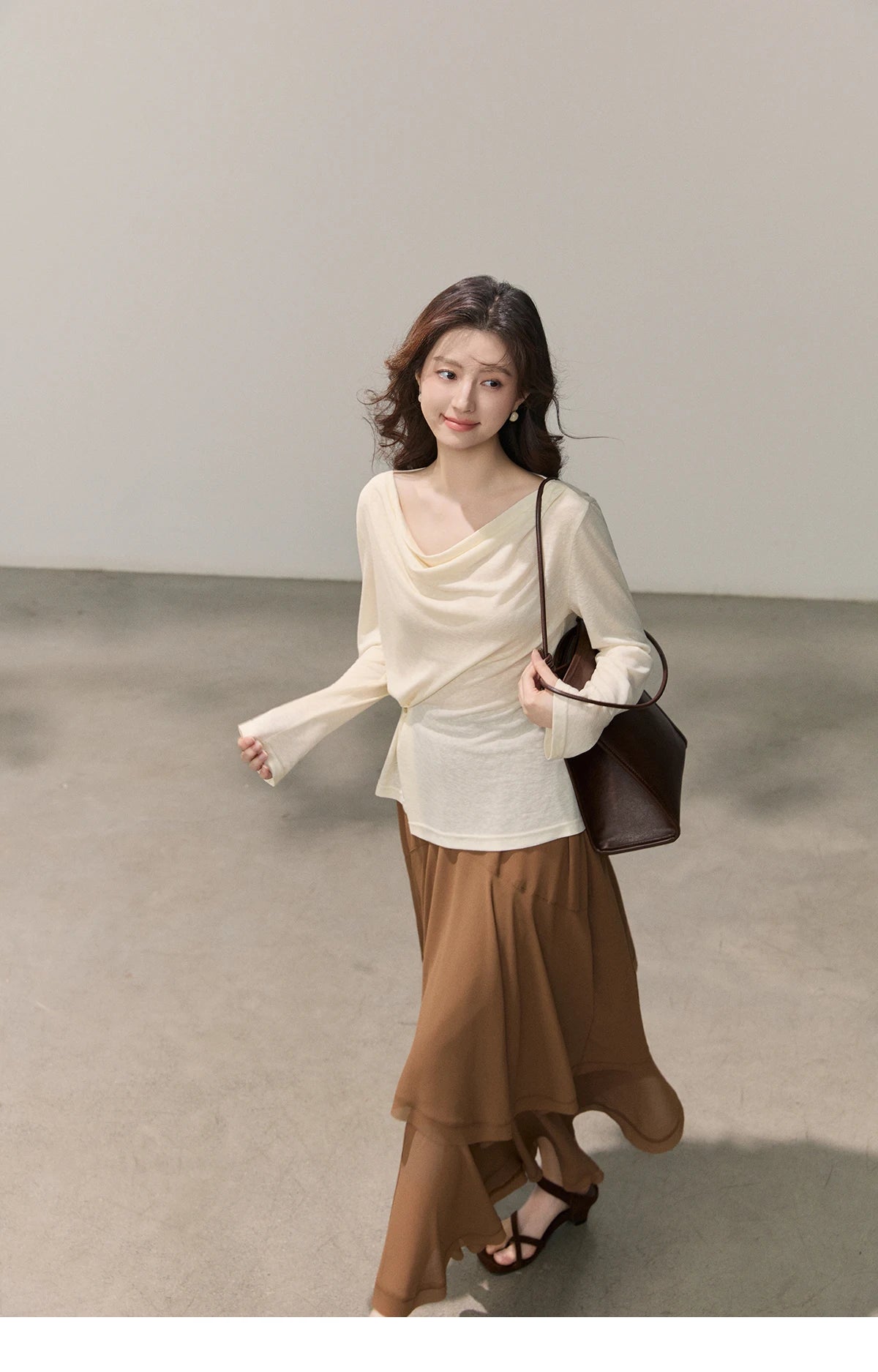 MISHOW Women's Multi Colored Knitted Top 2026 Spring Swinging Collar Flare Sleeve Top Side Twist Whist Casual T-Shirt MXF13T1473