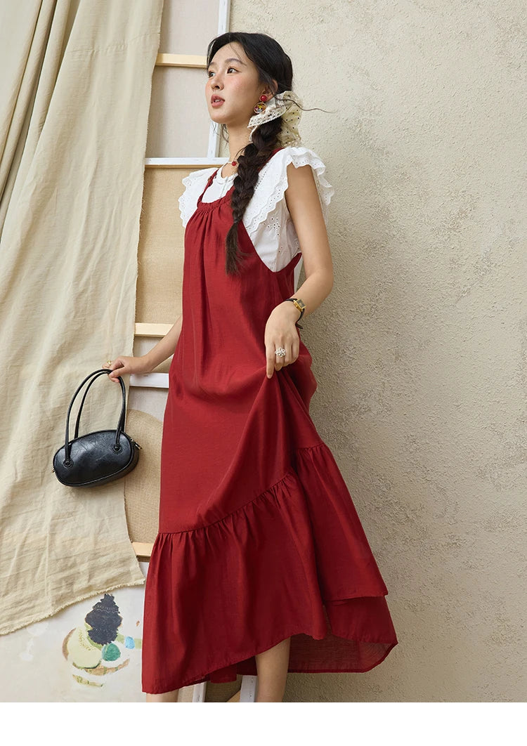 MISHOW Red Linen Strap Midi Dress Summer Sleeveless Casual Vacation Dress Hanging Neck Loose A-LINE Dress (Not A Set) MXE36L2309