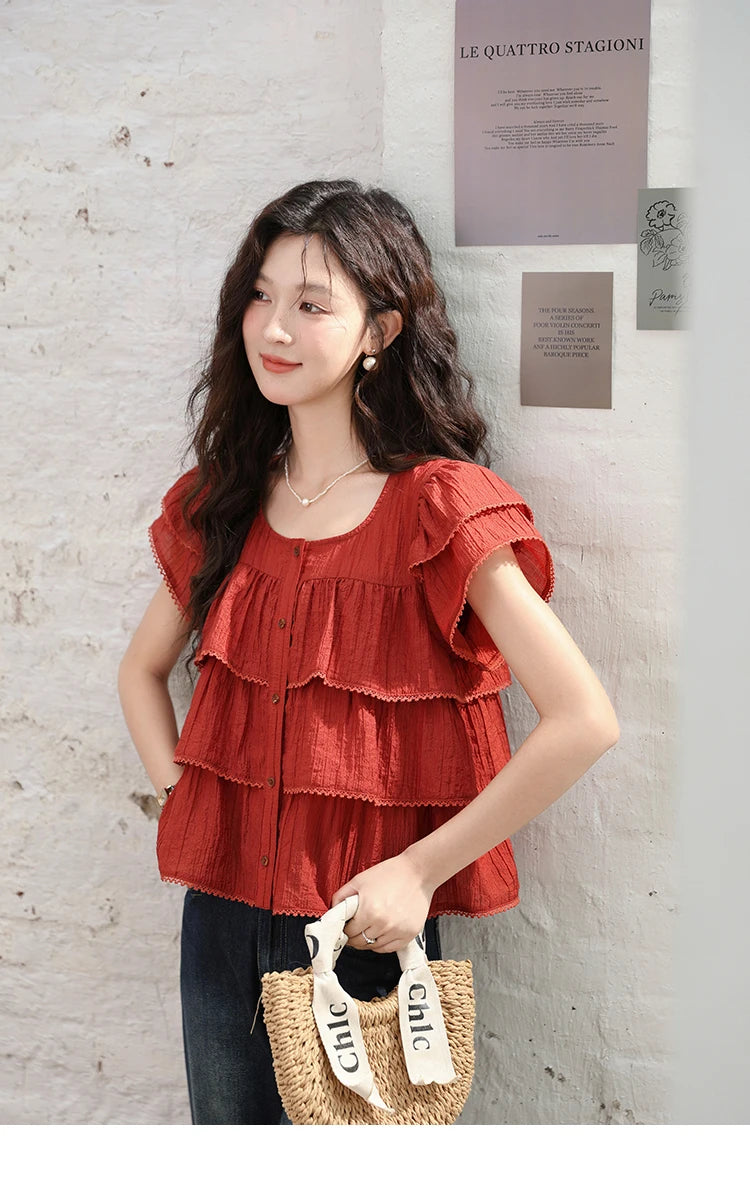 MISHOW Women's French Square Collar Blouses 2024 Summer Retro Red Ruffle Lace Cake Top Puff Sleeve Solid Sweet Blouse MXD30X1488