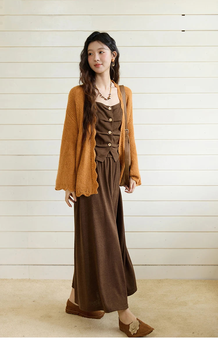 MISHOW Camisole Skirt Suit 2025 Retro Dark Brown Pleated Design Tank Top A-line Skirt Autumn Women's Clothing Set MXE46T1378