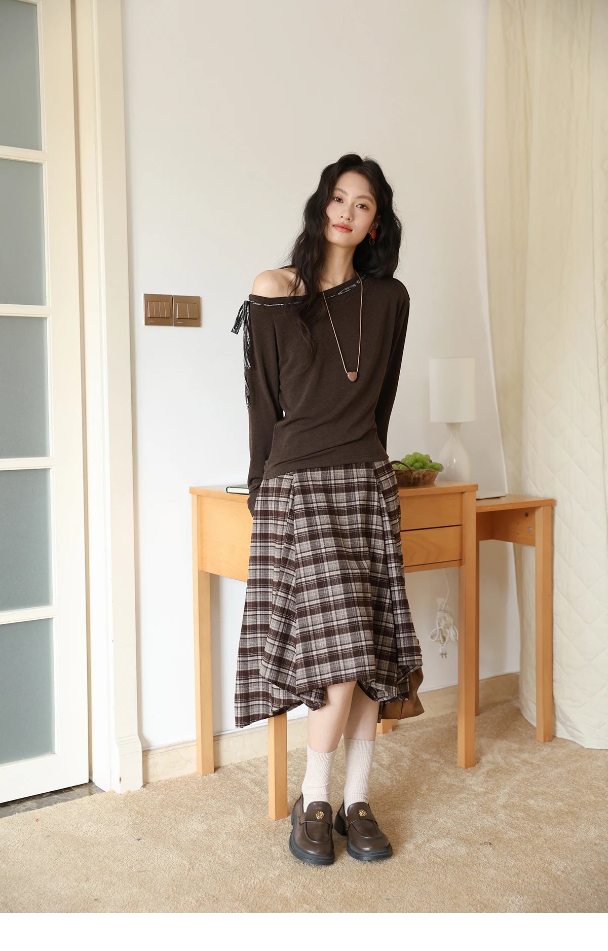 MISHOW Slant Shoulder Knitted Top for Women Autumn 2025 Drak Brown Plaid Strap Design Tops Casual Knitted Base Top MXE45T1402