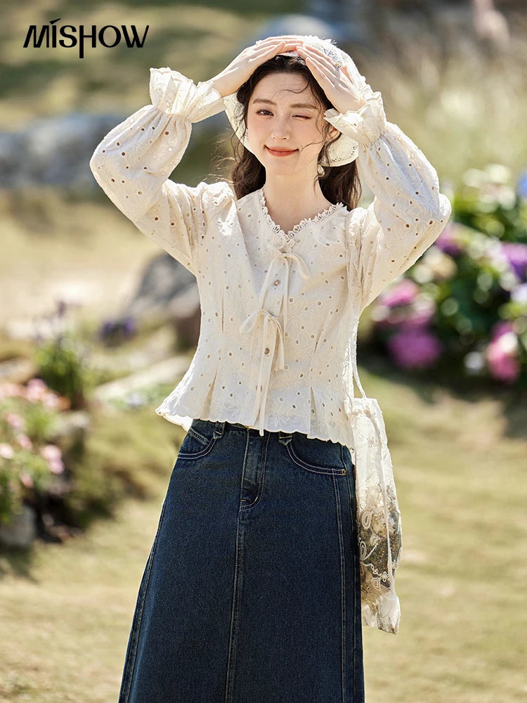 MISHOW Hollow Lace Shirt for Women Spring 2025 French Retro Lace100 Cotton Shirt V Neck Waist Elastic Cuffs Blouses MXE12X1710