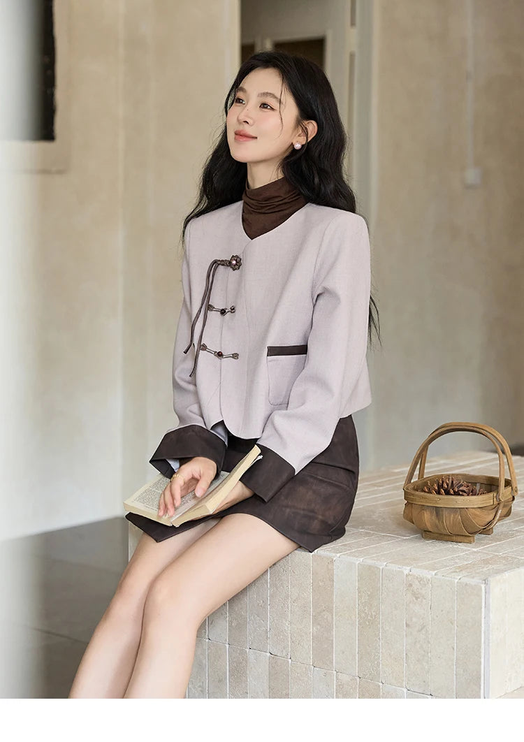 Mishow Taro Purple V-Neck Jacket & Asymmetric Mini Skirt Set MXD43W0417