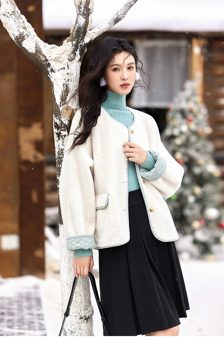 MISHOW Lamb Wool Jacket Women Cuffs Spliced Lace Metal Buttons Design Suede Plush Soft Warm Solid Leather Fur Coats MXD58W0740