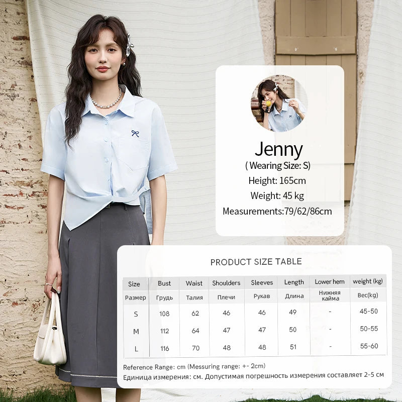 MISHOW Same Color Bow Embroidered Shirt Summer 2024 Lapel Collar Asymmetric Hem 100 Cotton Casual Short Sleeved Top MXD23C0257