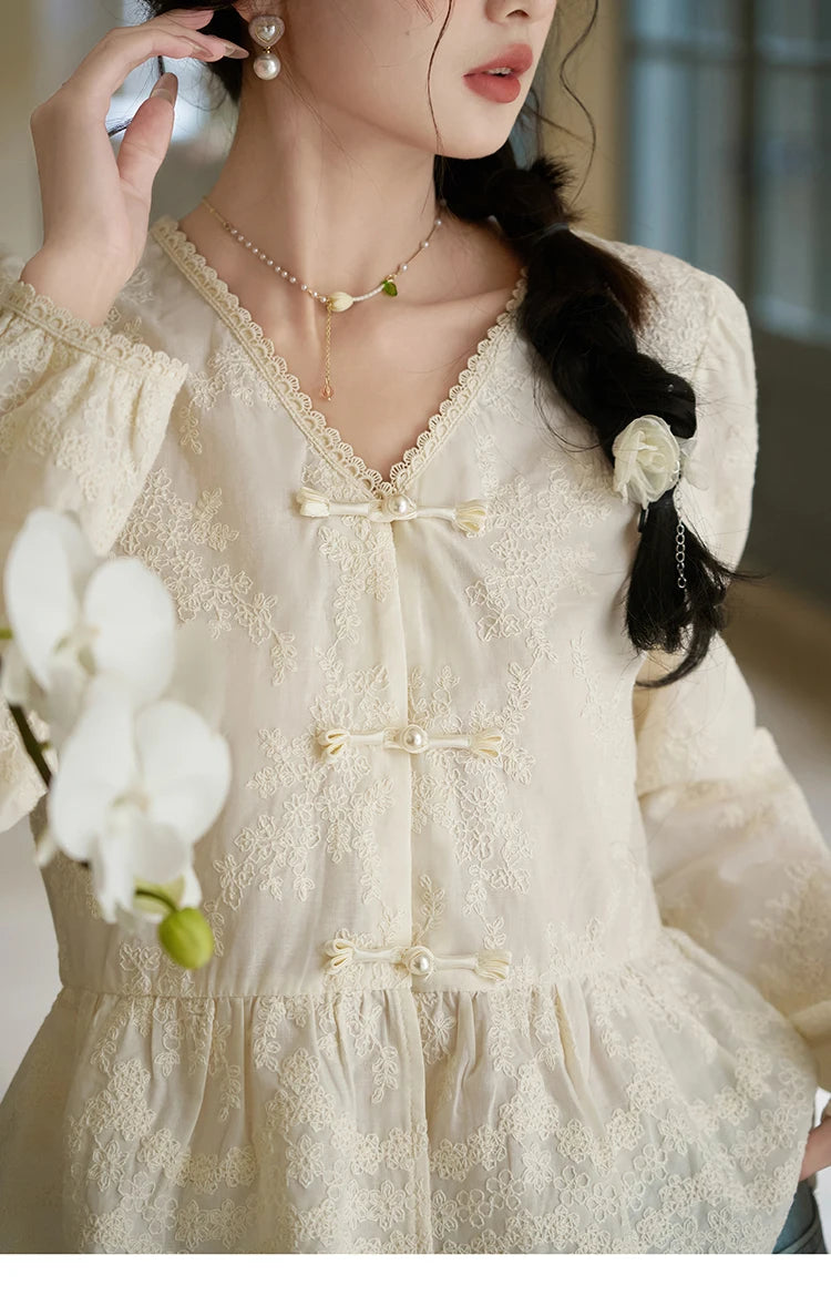 MISHOW Chinese Lace Blouses French Sweet Three-dimensional Embroidery Spring 2024 Button Up V-neck Long Sleeved Top MXD14X1433