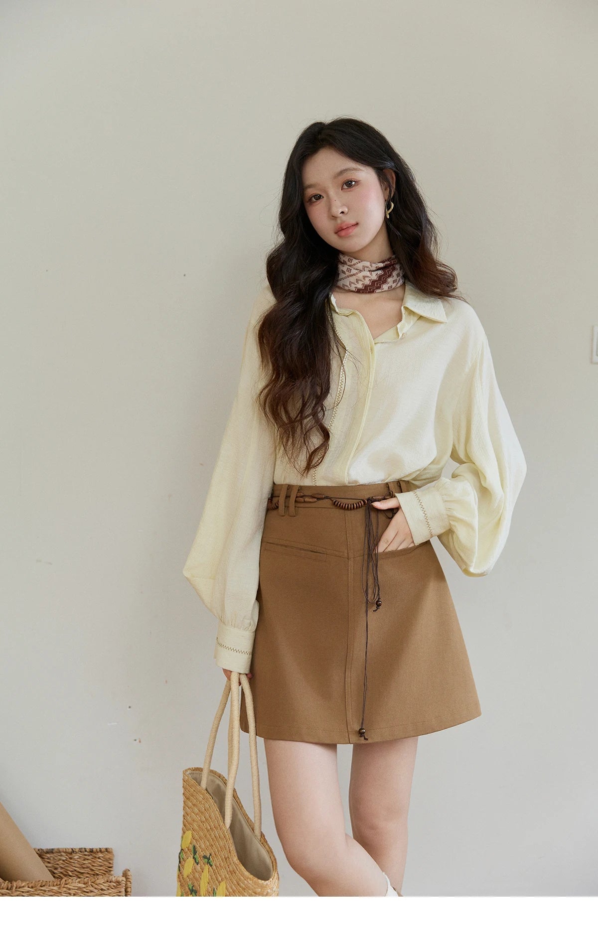 MISHOW Women's Lapel Lantern Sleeve Shirts 2026 Spring Lace Trim Casual Loose Breathable Solid Shirt Office Lady MXF13C2436