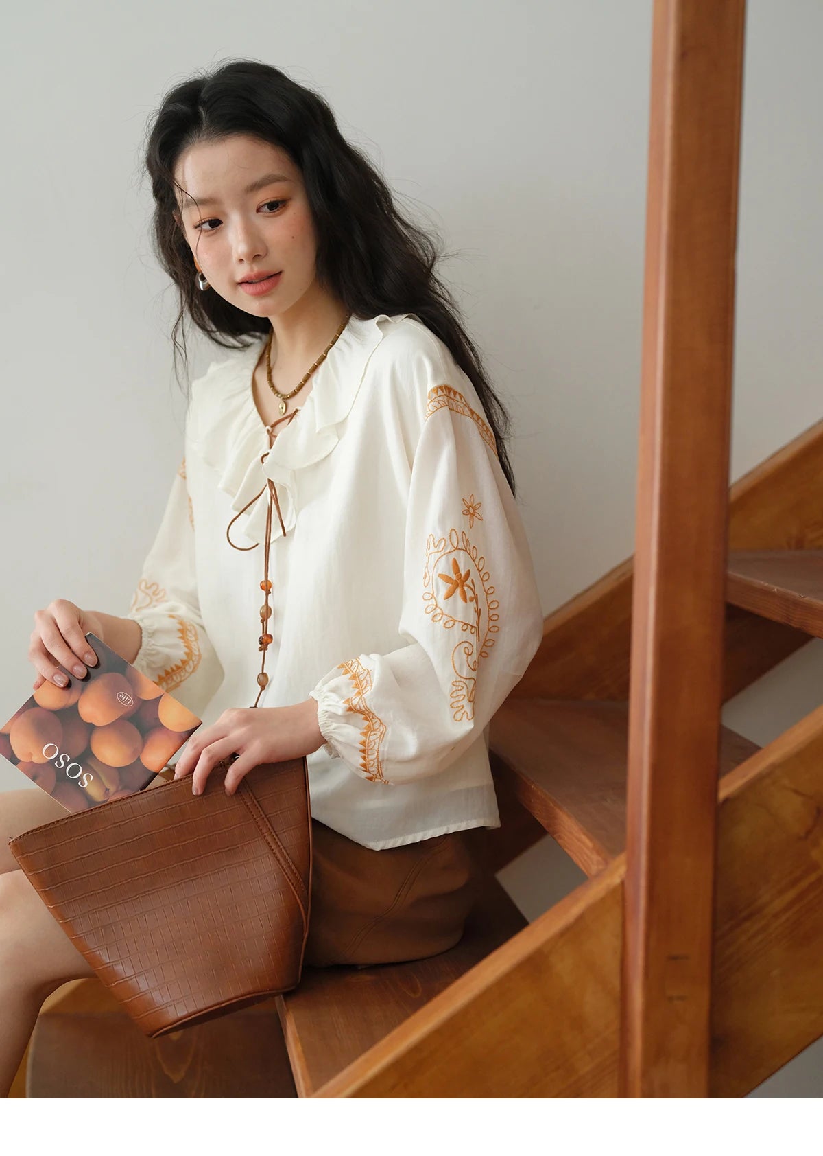 MISHOW Cashew Flower Embroidered Blouse Autumn 2025 Ruffle V-neck Lace Up Tops 100 Lyocell Lantern Sleeves Blouses MXE43X1987