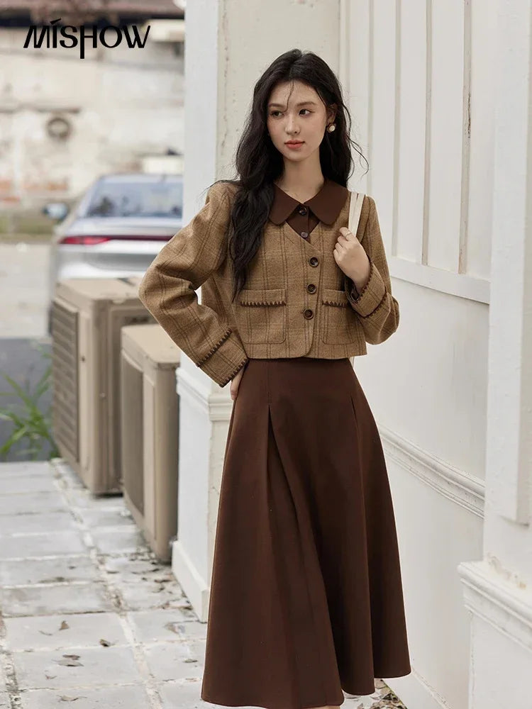 MISHOW Plaid Tweed Coats Midi Skirt Separately Women 2024 Fall Winter Polo Vintage Elegant Jackets Pleated Skirts MXD46W0460