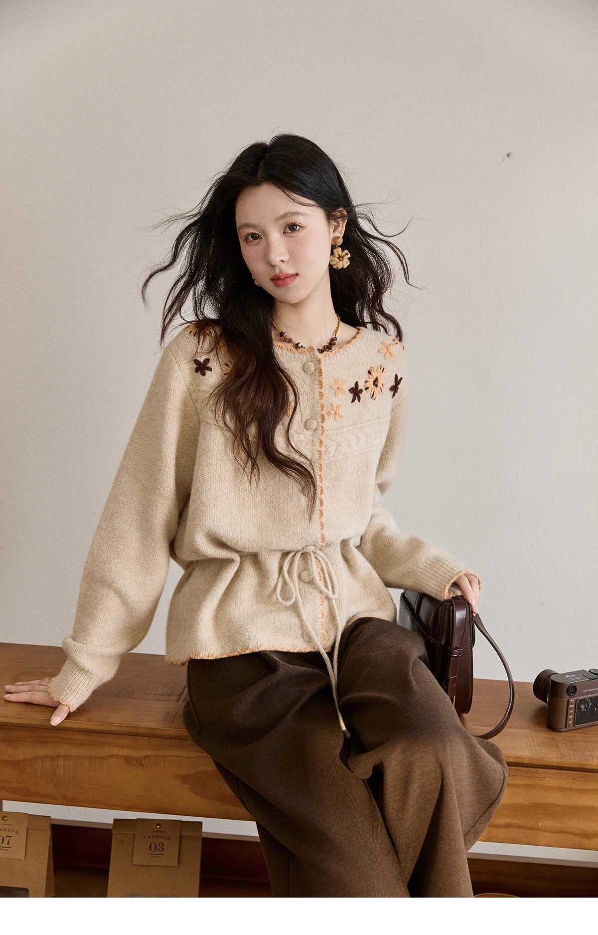 MISHOW Women's Apricot Hand-Embroidered Cardigan 2025 Winter Wool Blend Sweater Waist Tie Crochet Thick Warm Knitwear MXE87Z2702