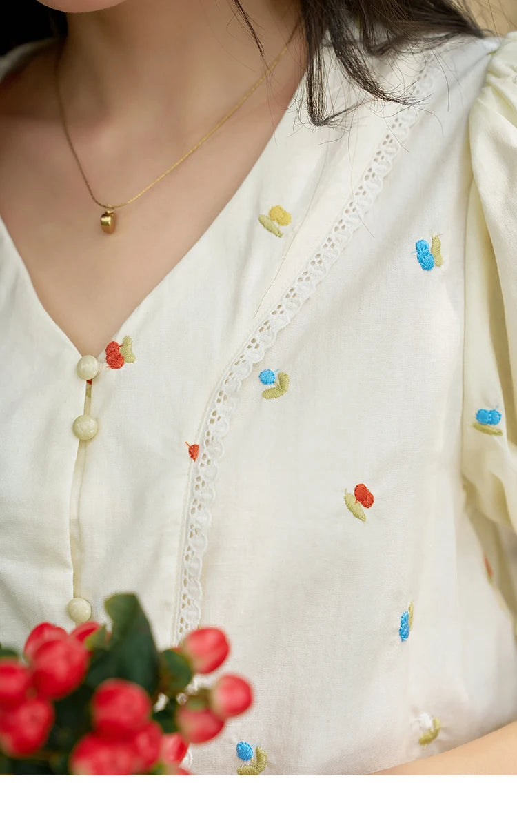 MISHOW 100% Cotton Women's Puff Short Sleeve Shirt 2025 Summer New Square Neck Blouse Embroidered Lace Patchwork Tops MXD22X1420