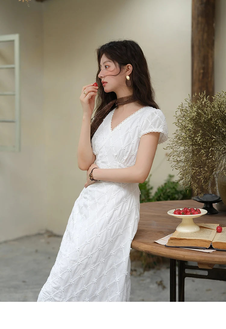 MISHOW Women's V-neck Lace Spliced Dress 2025 Summer New Embroidery Vacation French Style Jacquard Mid-Length Dresses MXE38L2378