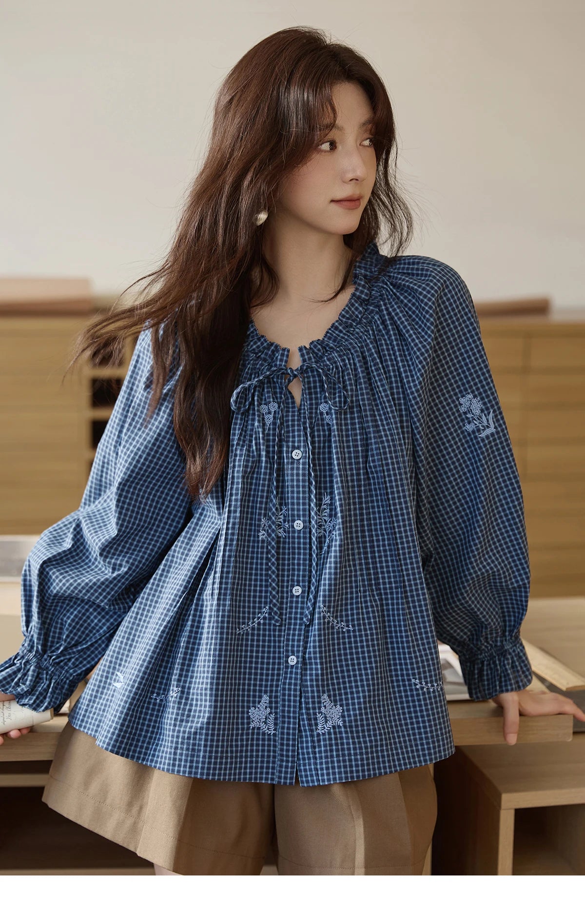 MISHOW Blue Plaid Embroidered Shirt Autumn 2025 Black Fungus Edge Collar Lace-up Doll Shirt 100cotton Loose Retro Top MXE44X2467