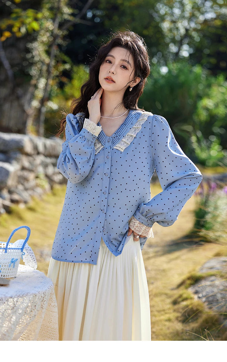 MISHOW Lace Patchwork Polka Dot Shirt for Women Spring 2025 French V-neck Shirt Cuff Splic with Hollowed Out Lace Top MXE12X1707