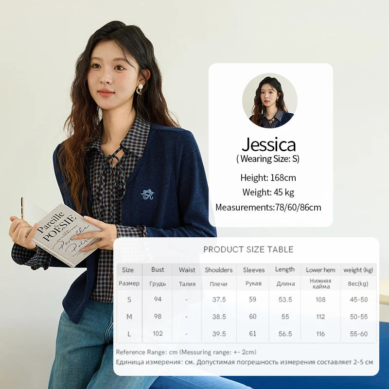 MISHOW Women's Fake Two Knitted Sweaters 2025 Autumn Plaid Splicing Embroidered Tops Retro Lapel Flare Sleeve Tops MXE45Z1401