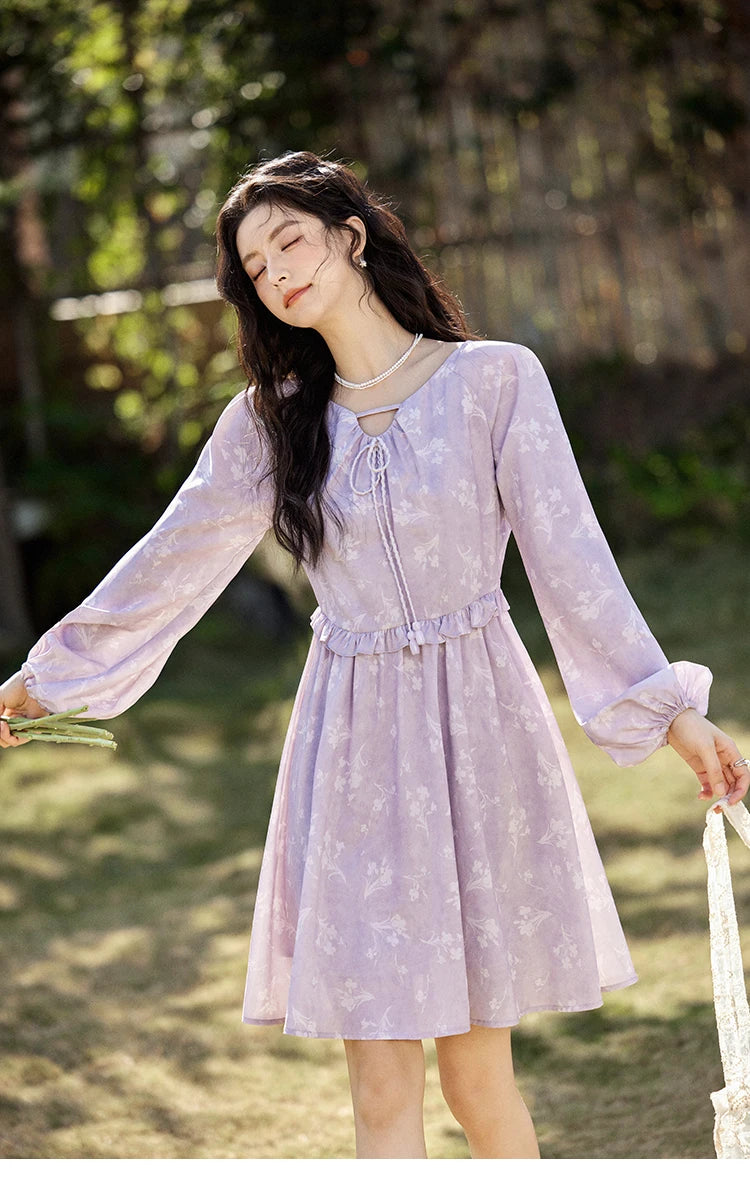 MISHOW Iris Chiffon Dress for Women Spring 2025 Waist Slim Black Fungus Edge Straps Dresses Purple Floral Fairy Dress MXE13L2095