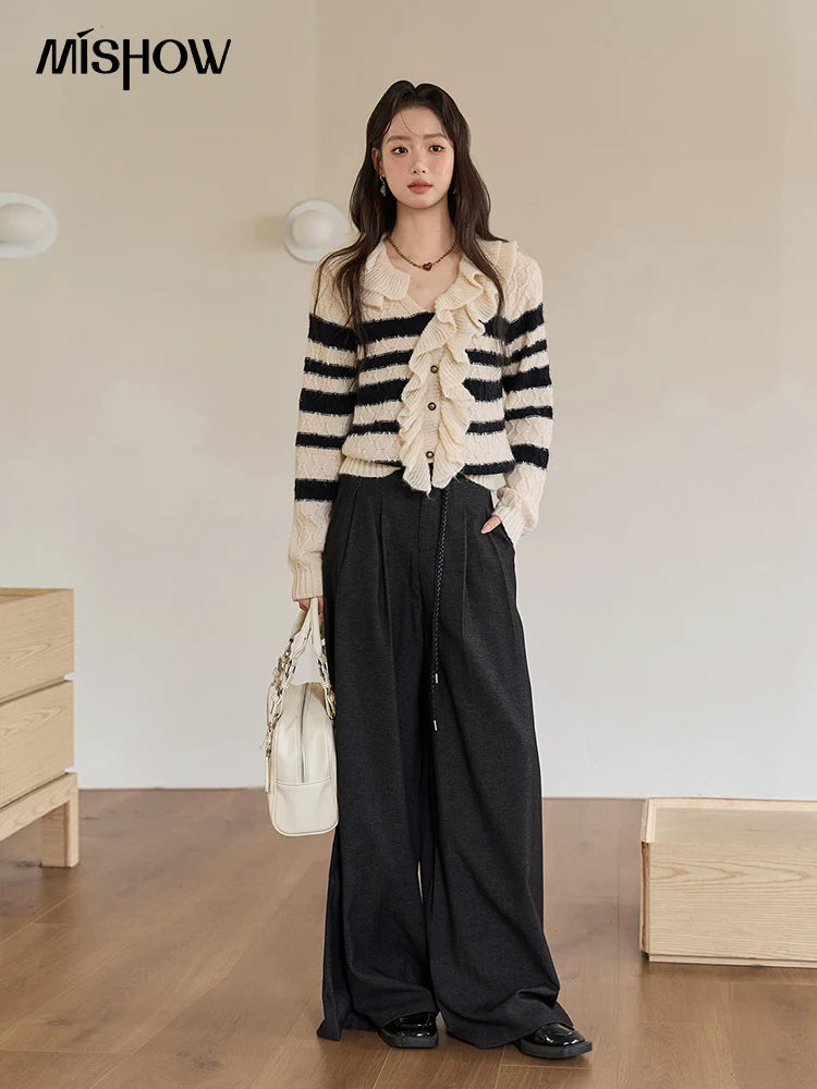 MISHOW Striped Sweater for Women 2025 Autumn New Asymmetrical Ruffled Diamond Shape Knitted Retro Women's Cardigan MXE51Z2633