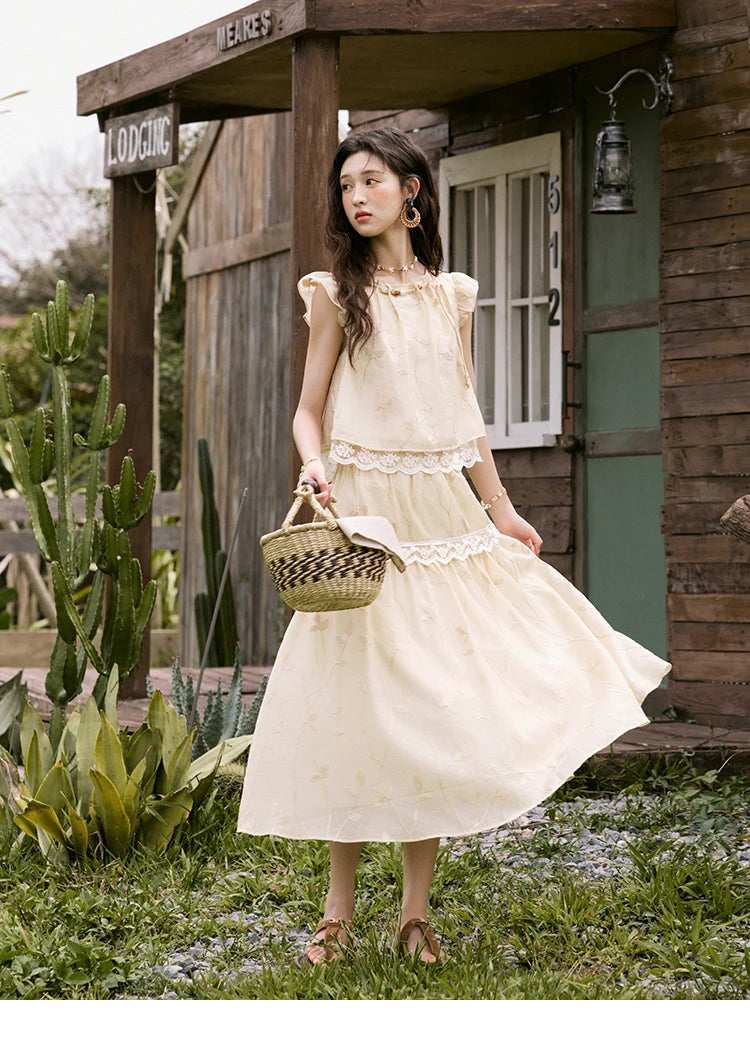 MISHOW Sweet Summer Skirt Sets Women New 2025 Short Flying Sleeve Round Neck Tops Hollow Embroidery A-line Skirt Lady MXE33T0545