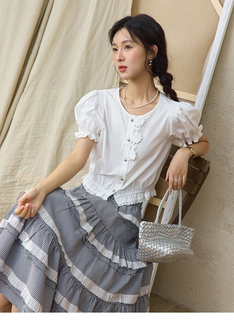 MISHOW Sweet Lace Pufff Sleeve Shirt Summer 2025 Flower Single Breasted Buttons Short Shirts Hem Elastic Waist Tops MXE34X1820