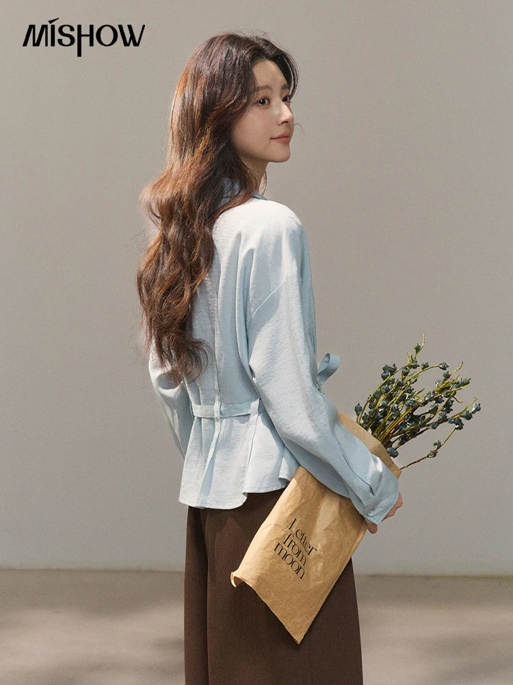 MISHOW Women's Light Blue Lyocell Shirt 2026 Spring Polo Neck V-neck Belted Waist Shirt Casual Peplum Long Sleeve Top MXF13C2437