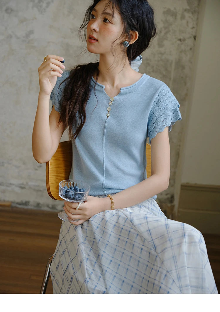 MISHOW Sheep Wool Knitted T-shirt for Women 2025 Summer New Button O-Neck Short Sleeve Blue Top Female Clothing MXE34Z1262