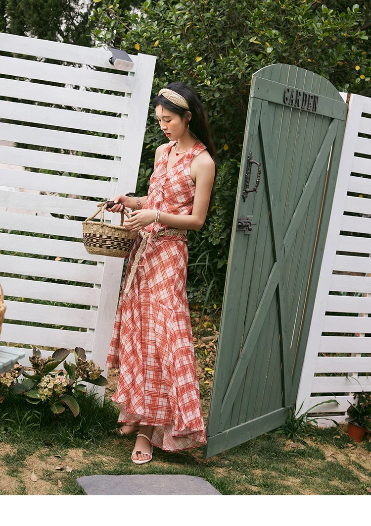 MISHOW French Retro Red Grid Hanging Neck Blouse for Women Summer 2025 Ruffled Edges Backless Blouses Vacation Top MXE34X1785