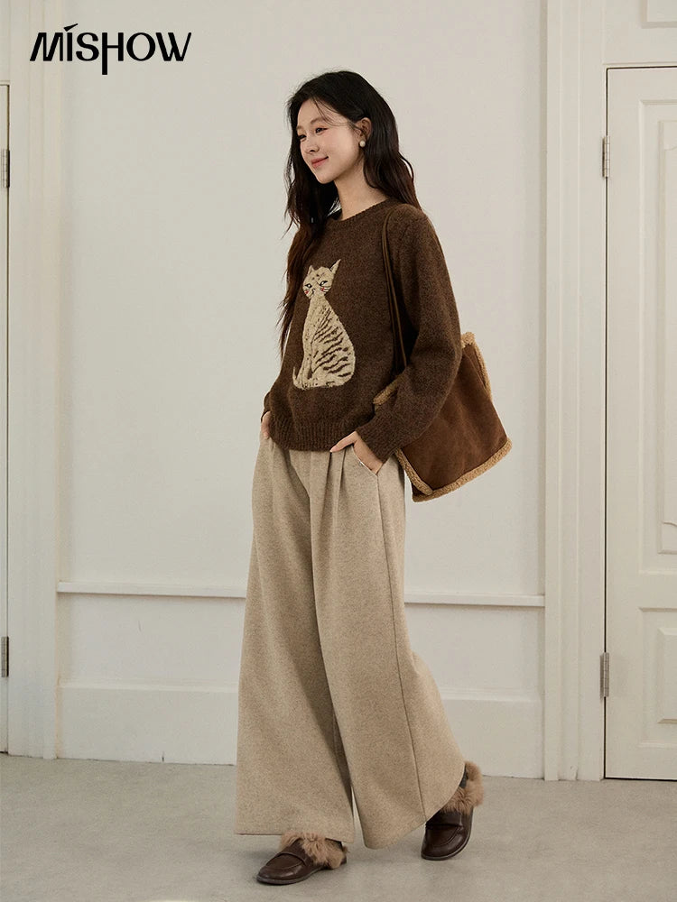 MISHOW Women's Brown Knitted Sweater 2025 Autumn Winter Cat Pattern Jacquard Crew Neck Sweaters Loose Pullover Tops MXE94Z2991