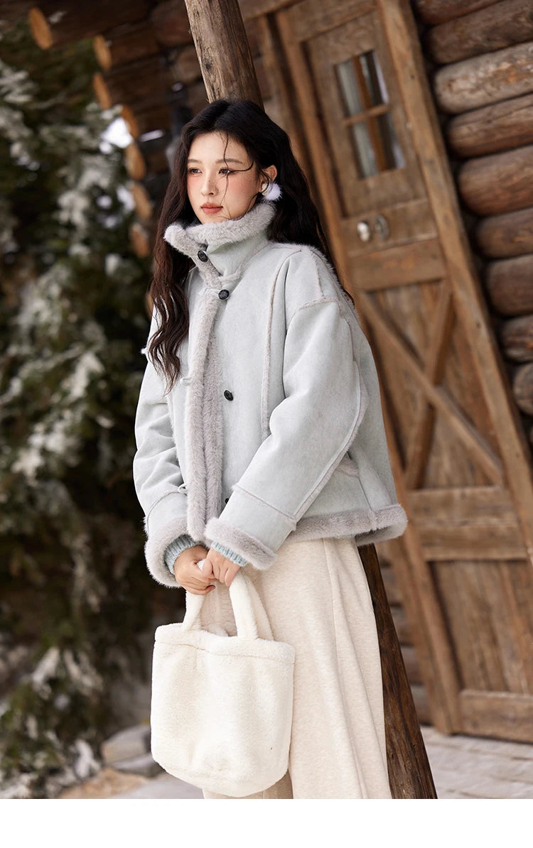 MISHOW Leather Fur Coat Fur Collar with Bag Women Winter Clothes Suede Plush Jacket Pocket Soft Thickened Warm Tops MXD57W0737