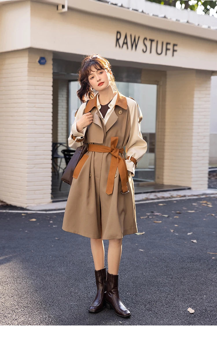 MISHOW Autumn Women's Khaki Trench Contrast Color Woman Clothes Spliced Turn-down Collar All-match Casual Jacket MXB31W0367