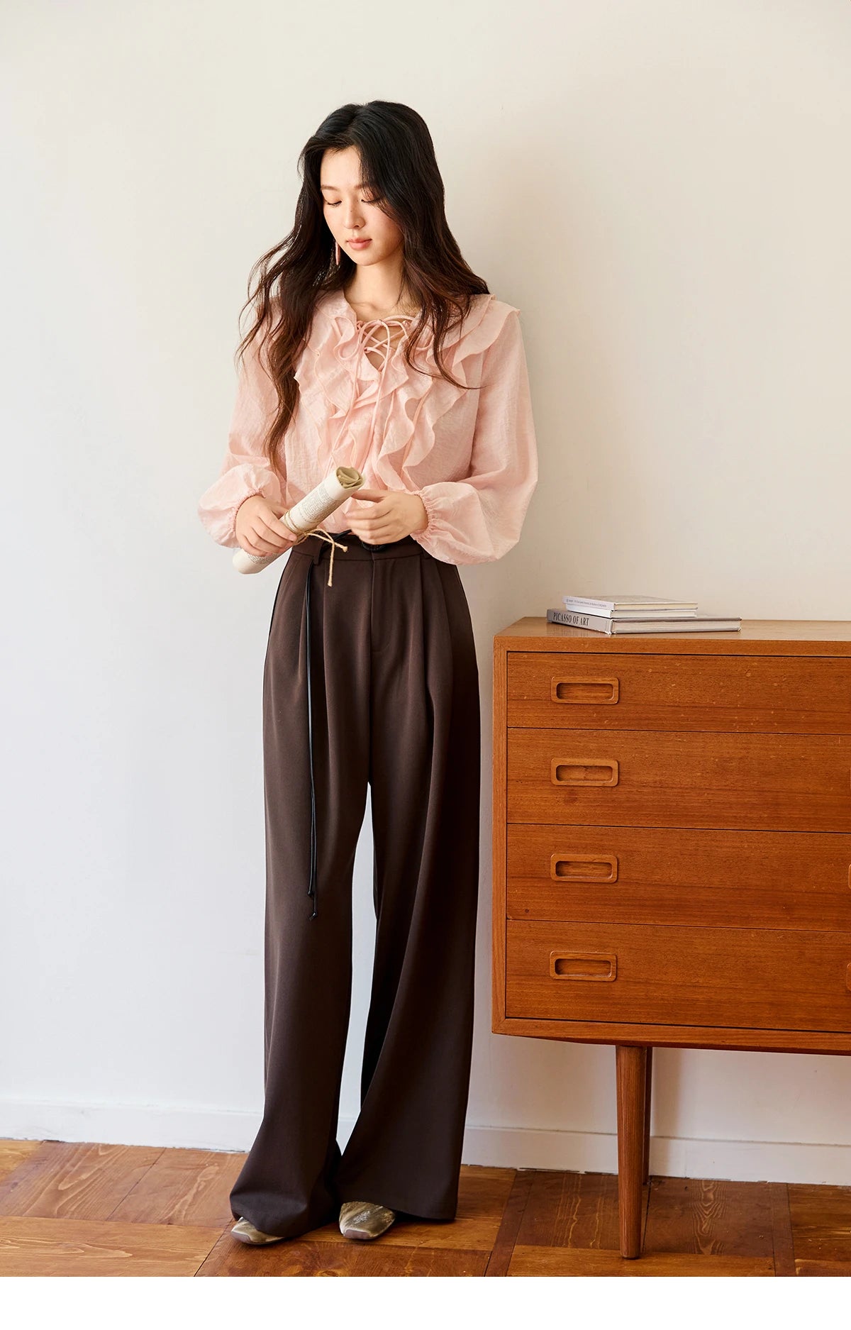 MISHOW Pink Ruffled Blouse for Woman 2025 Autumn New Elegant Sweet V-neck Lace-up Design Shirt Lantern Sleeves Top MXE49X2504