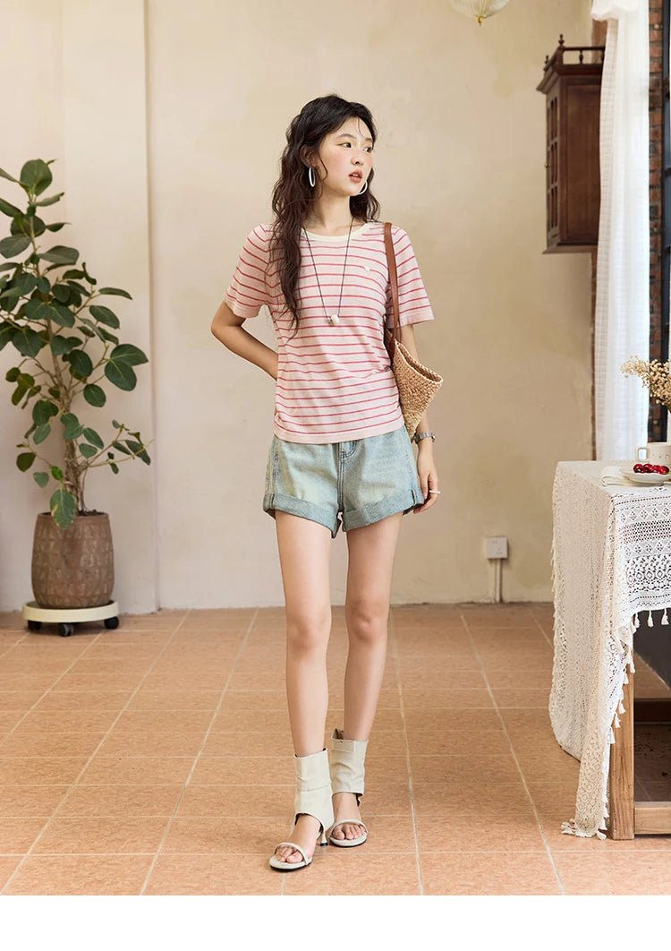 MISHOW Striped Knitted T-shirt for Women Summer 2025 Color Contrasting Round Neck Tees Wool Blended Slim Casual Top MXE35Z1270