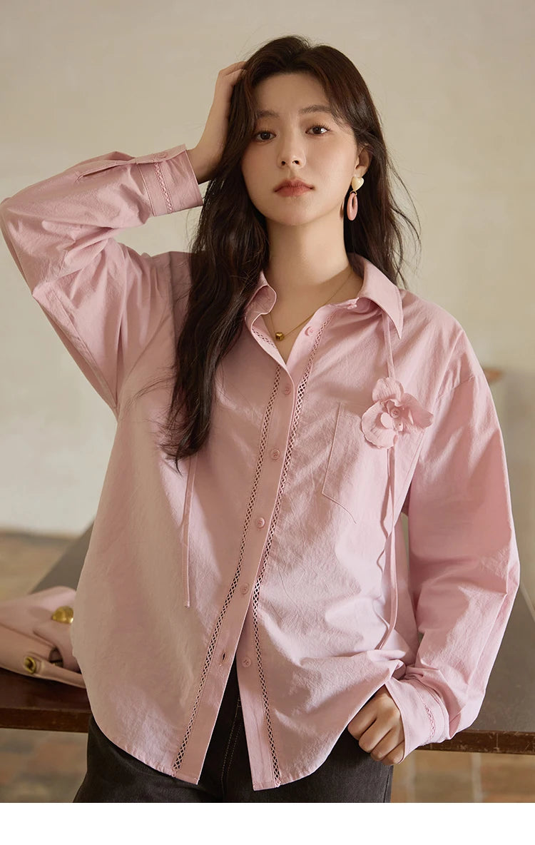 MISHOW 100% Cotton Shirt For Women Autumn 2025 New Fashion Petal Ribbon Button Long Sleeves Shirt Women's Clothing MXE41C2349