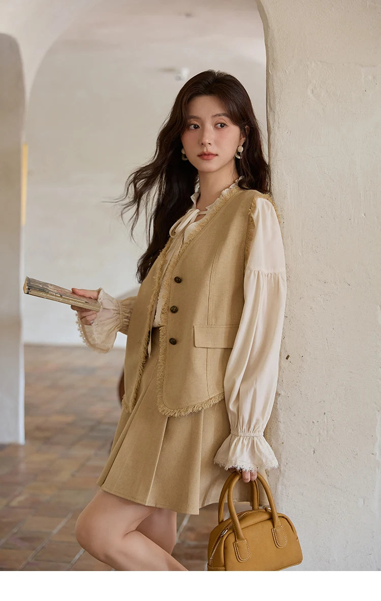 MISHOW Khaki Rough Selvedge Vest Coat Pleated Skirt Two-piece Set 2025 Autumn Women Linen Blend Retro Set Office Lady MXE41T0690